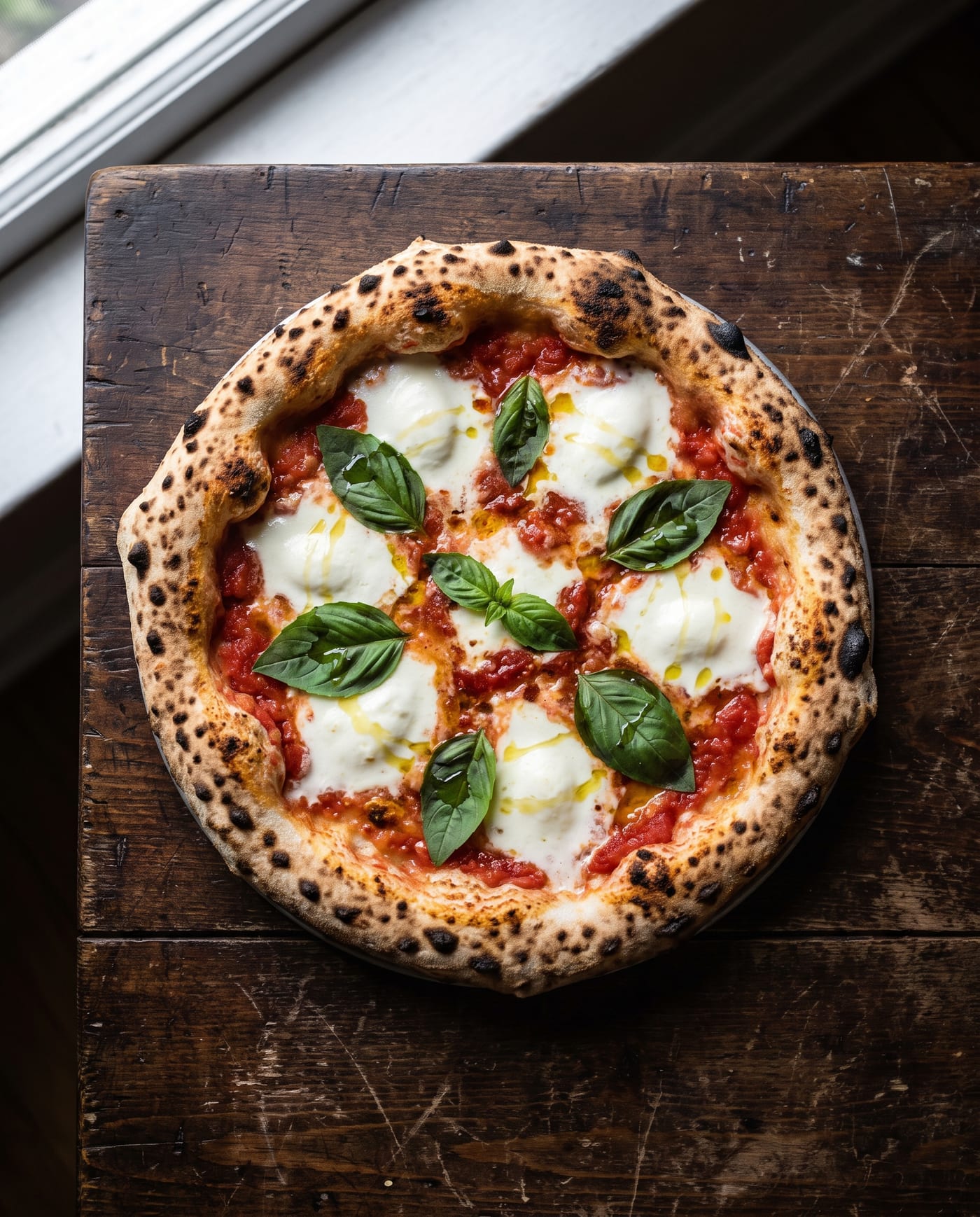 Pizza margherita văzută de sus, cu mozzarella topită, busuioc proaspăt și margine pătată de foc
