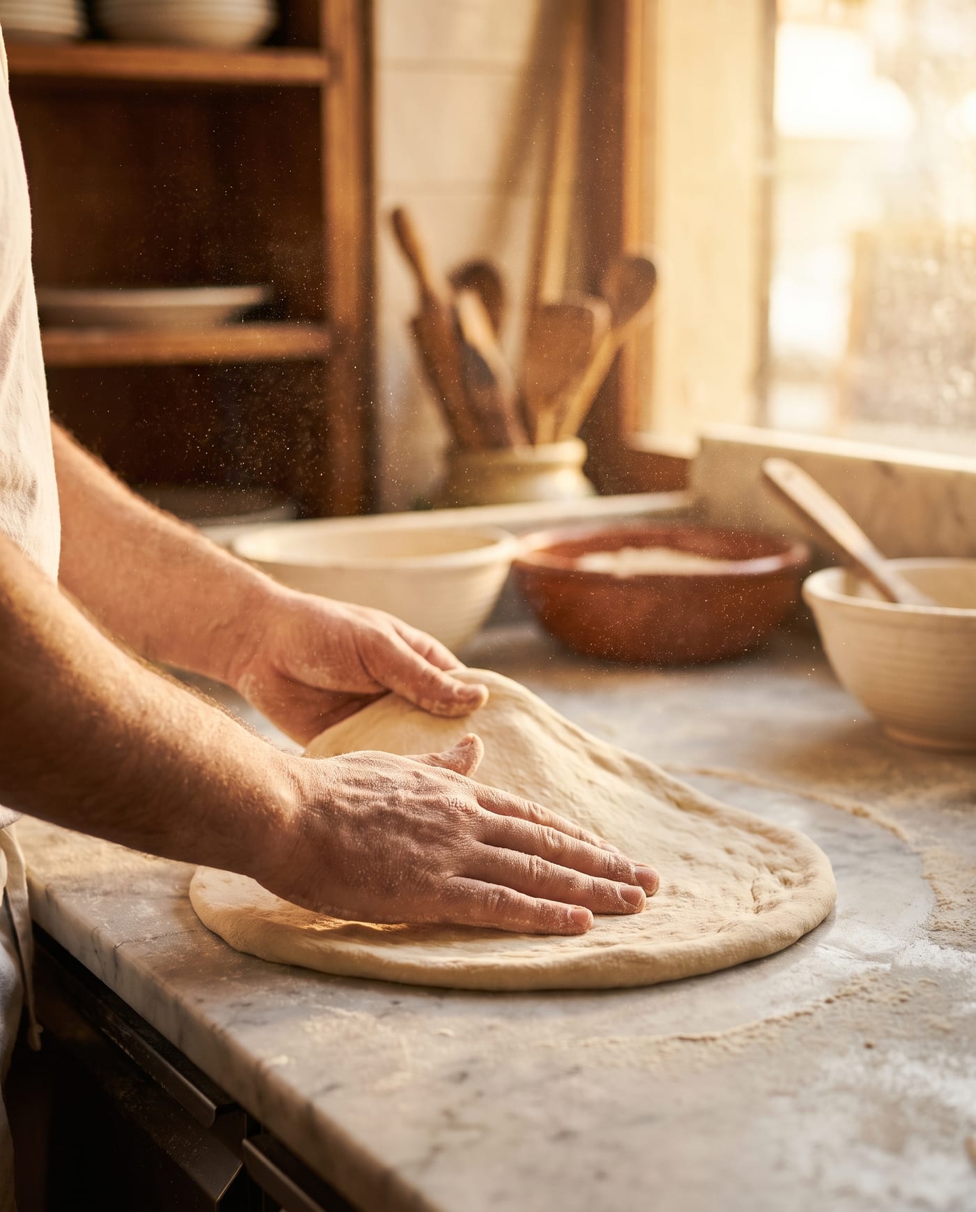 Mâinile pizzaiolo-ului întind manual aluatul maturat pe o masă de marmură cu făină
