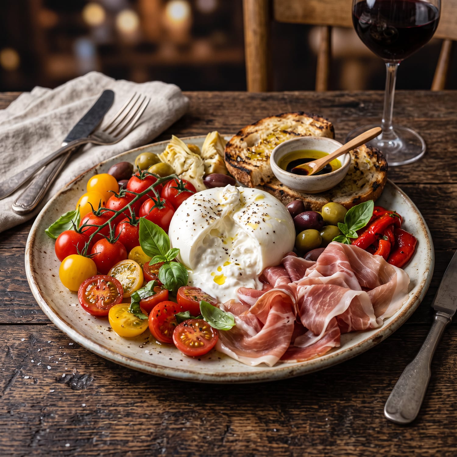 Platou de antipasti cu burrata, roșii cherry, prosciutto crudo, măsline și bruschete